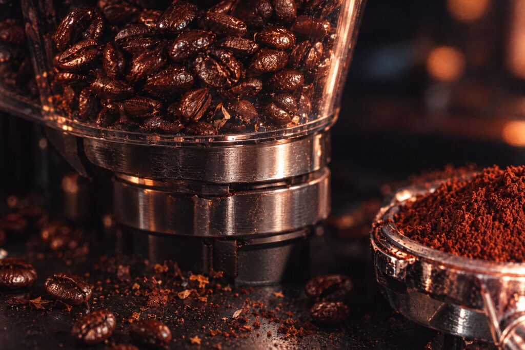 Frisch geröstete Kaffeebohnen im Bohnenbehälter einer Espressomühle, daneben gemahlenes Kaffeepulver