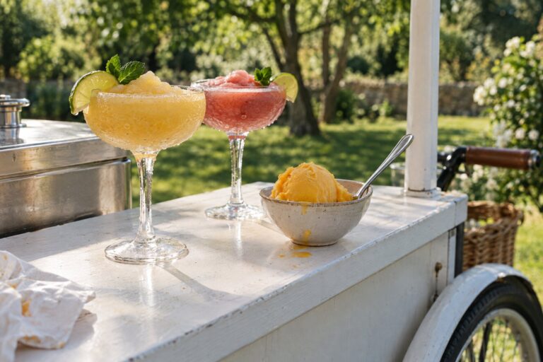 Zwei Frozen Cocktails und eine Kugel Mangosorbet auf dem weißen Eiscreme-Fahrrad im Garten