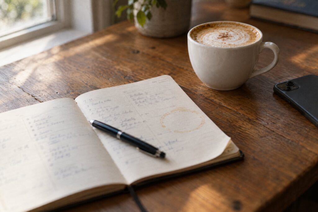 Aufgeschlagener Planer mit handschriftlichen Notizen und Stift neben einem Cappuccino auf einem Holztisch