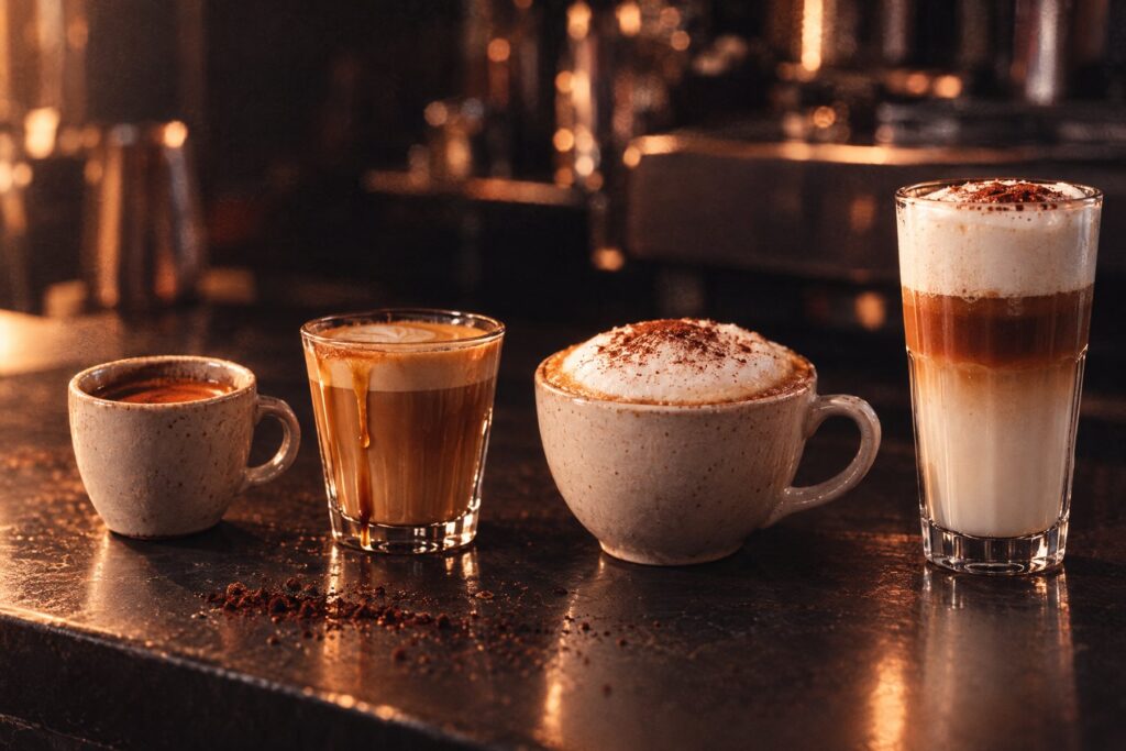 Espresso, Cortado, Cappuccino und Latte Macchiato nebeneinander auf einer dunklen Theke