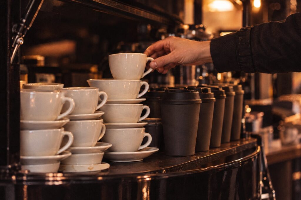 Gestapelte Porzellantassen und Mehrwegbecher am Kaffeerad, ein Barista nimmt eine Tasse