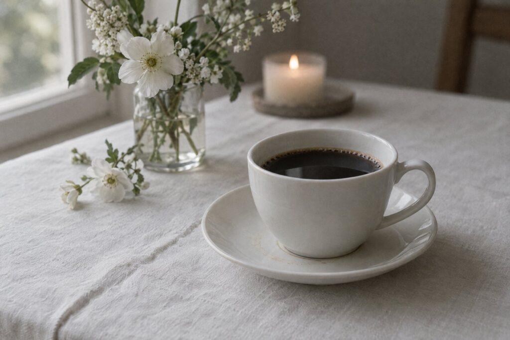 Eine Tasse schwarzer Kaffee auf weißer Leinentischdecke, im Hintergrund weiße Blumen und eine Kerze