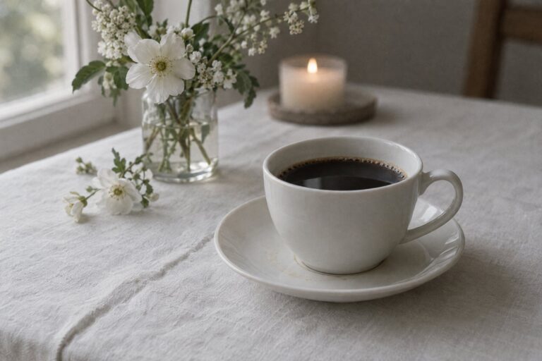 Eine Tasse schwarzer Kaffee auf weißer Leinentischdecke, im Hintergrund weiße Blumen und eine Kerze