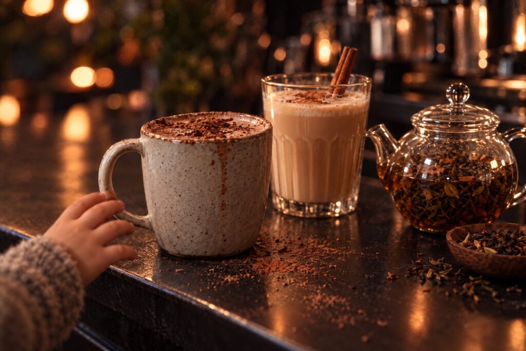 Heiße Schokolade mit Kakaopulver, Chai Latte und Teekanne mit losem Tee, eine Kinderhand greift nach der Schokolade