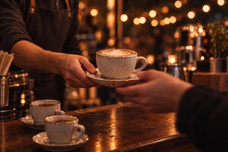 Barista reicht am Abend einen Cappuccino über die Theke der Kaffeebar, im Hintergrund warme Lichterketten